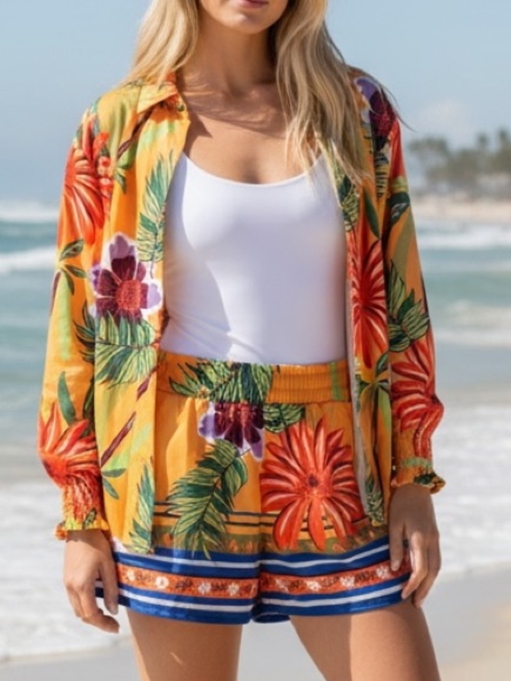 Bold Tropical Floral 2 Piece Vacation Outfit in Sunny Yellow